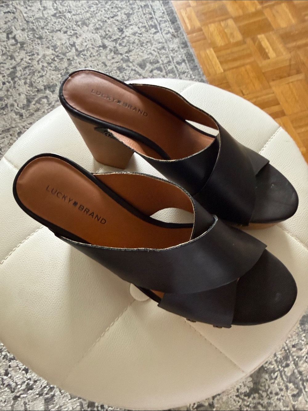 Lucky Brand Black Leather Crossover Block Heel